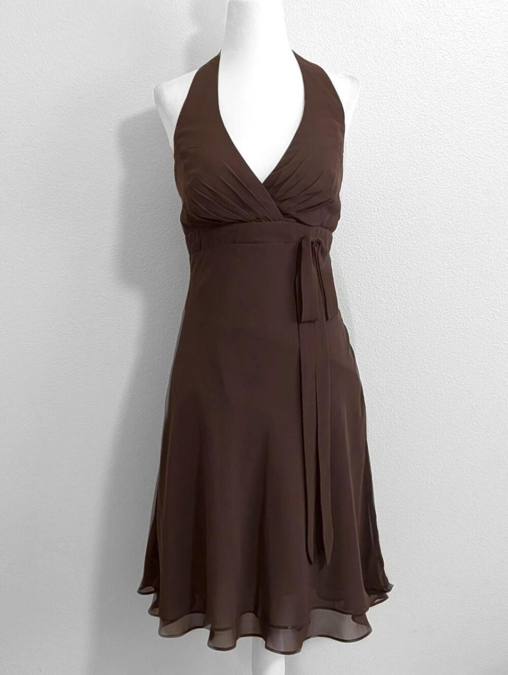 Vintage 90s Alfred Angelo Brown Flowy Chiffon Smock Back Halter Dress | Size 10
